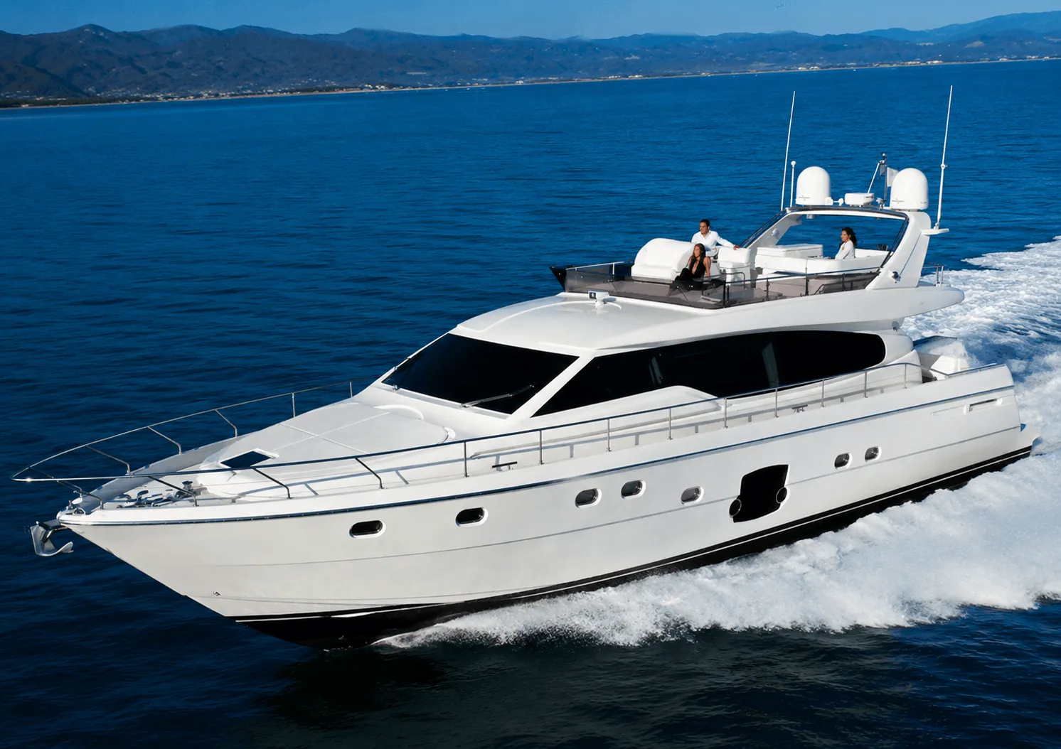 Ferretti 630 Flybridge motor yacht under way in Greece
