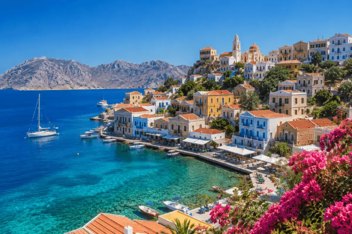 Saronic sailing itinerary – colourful Greek harbour town above clear water
