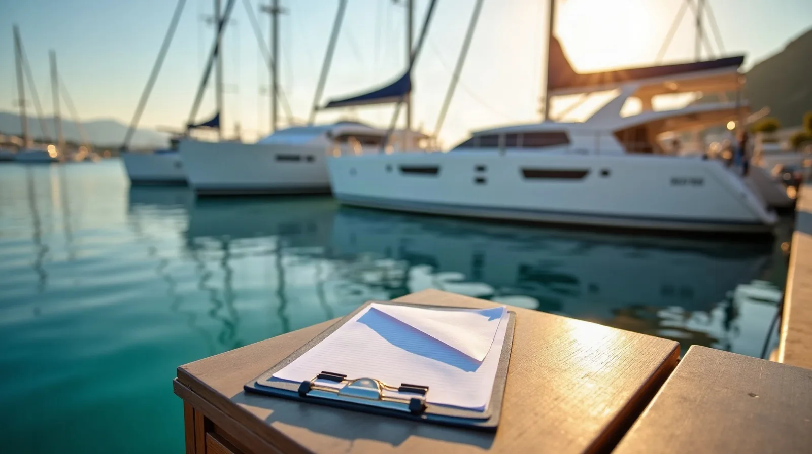Charter yacht moored stern-to at a Greek marina at sunrise, bareboat charter handover