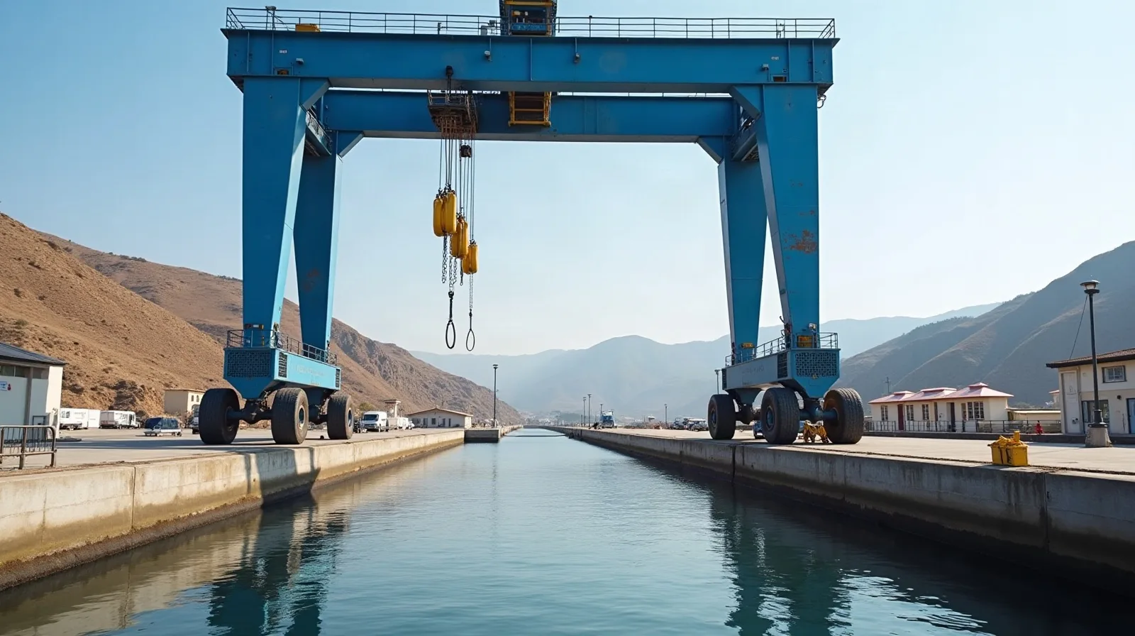 An empty travel lift gantry over the haul-out dock of a Greek boatyard