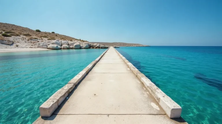 An empty stone jetty running out into clear turquoise water on a Greek island