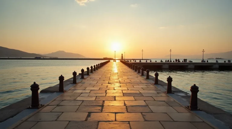 A long empty stone quay with a row of iron bollards receding into the sunset in a Greek harbour.