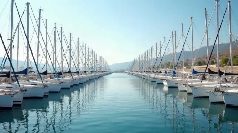 Rows of charter yachts moored stern-to in a Greek marina at the start of the season