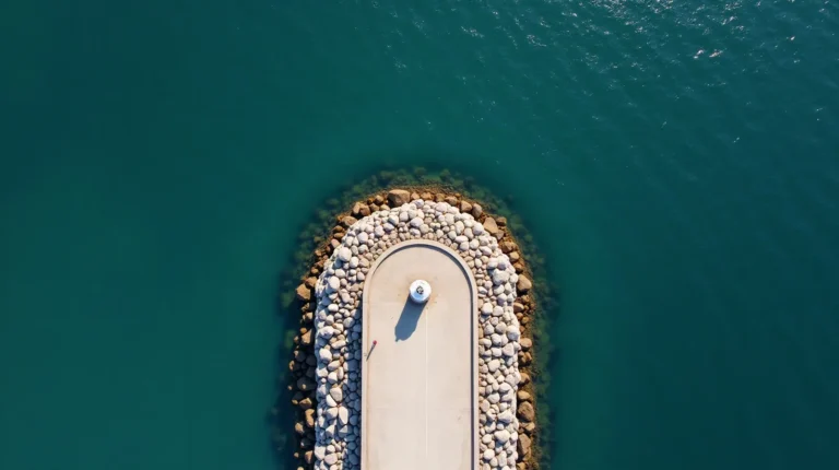 Aerial view of the stone breakwater and lighthouse of a Greek harbour, with sheltered water inside
