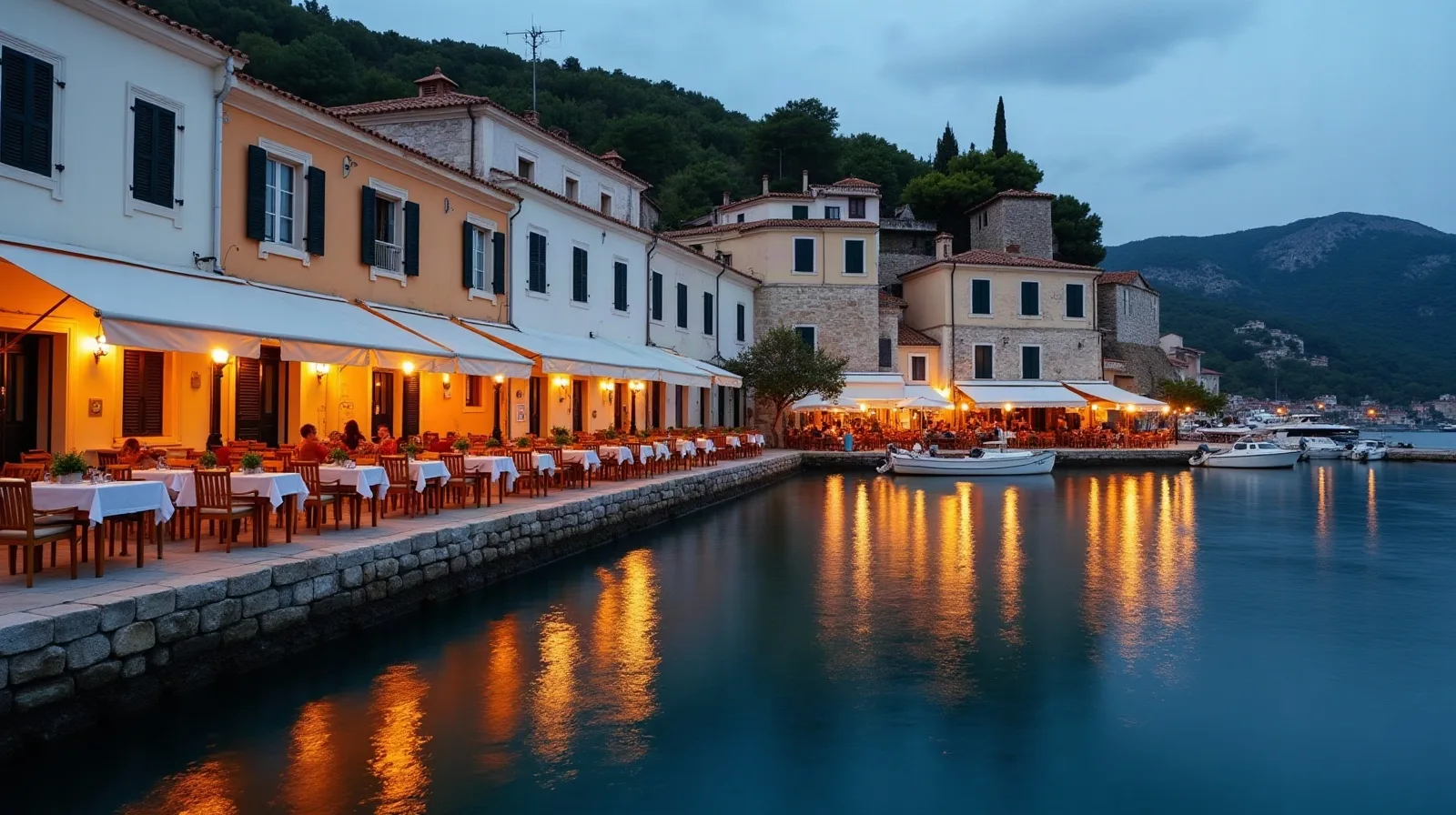 The lit taverna waterfront of a small Greek island village in the evening
