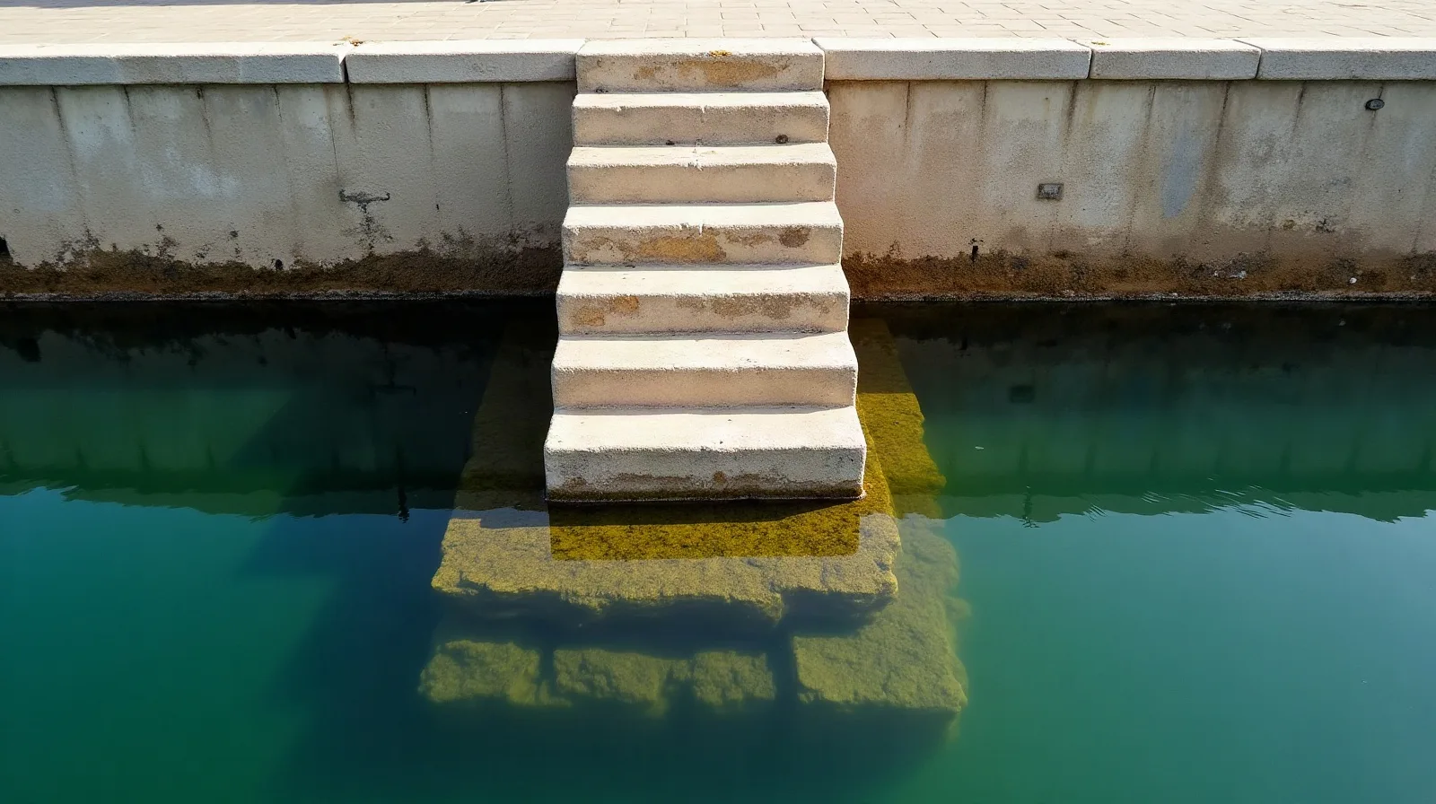 Stone steps descending into the still green water of a Greek harbour basin
