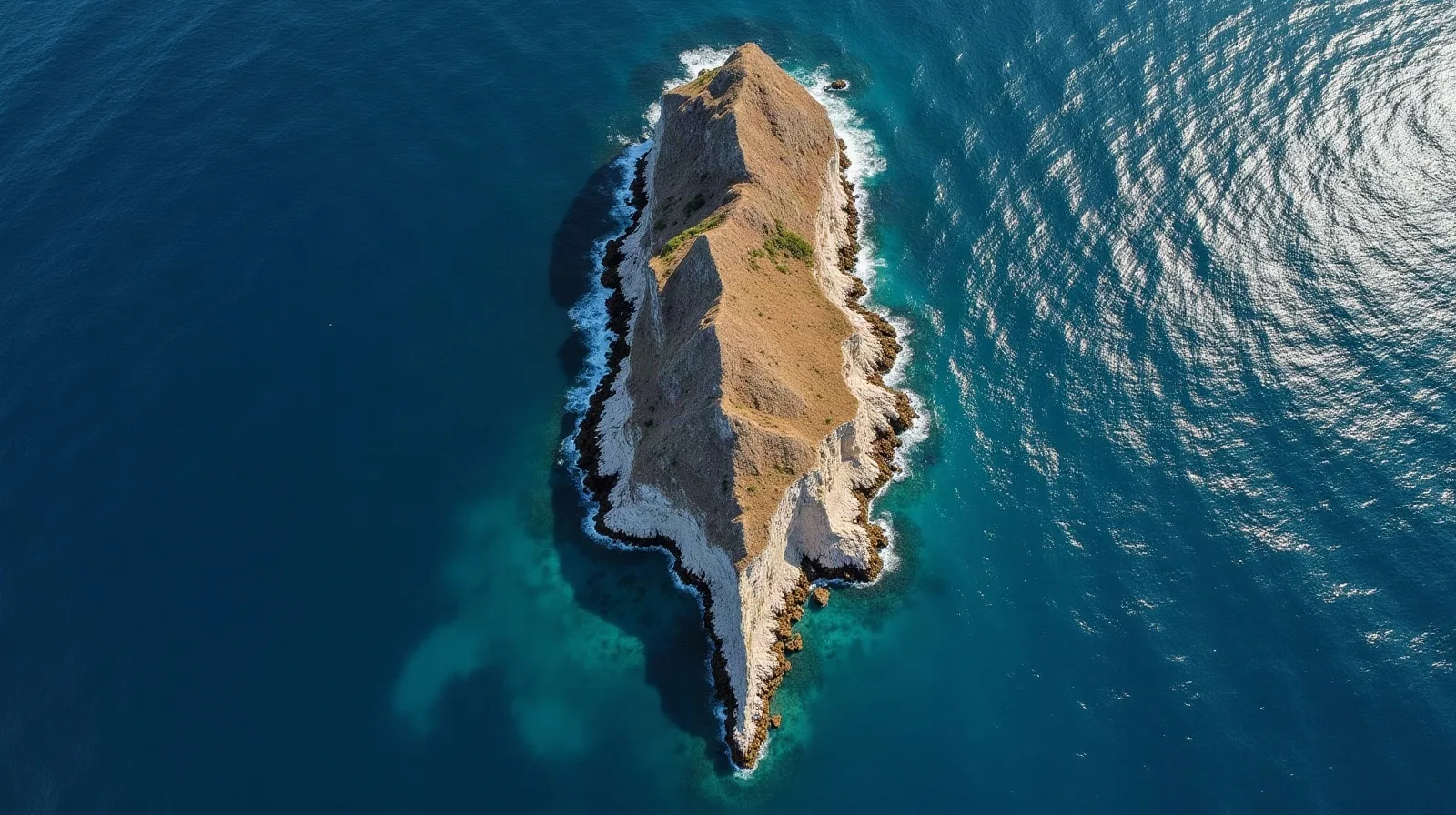 A rocky Greek headland from above, with wind-streaked water on one side and calm water in its lee