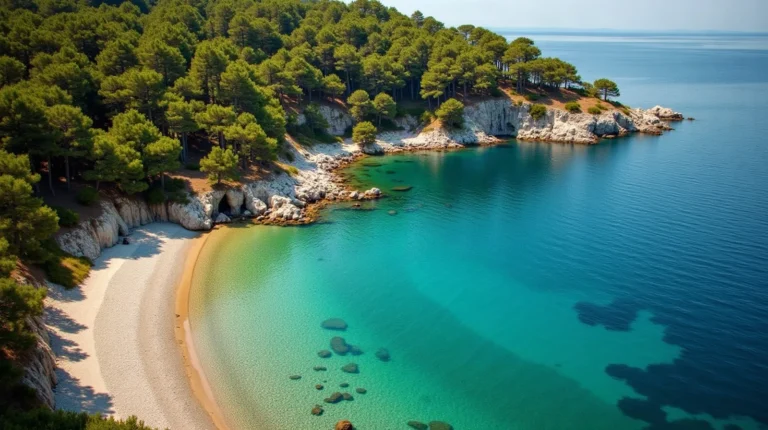 A green pine-covered Ionian shoreline with white limestone rocks and emerald water