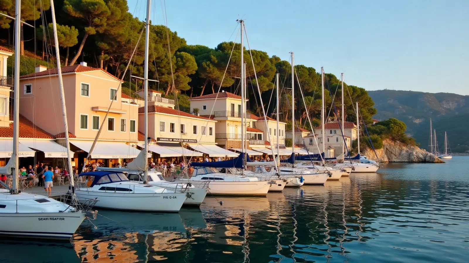 Yachts moored stern-to in an Ionian village harbour