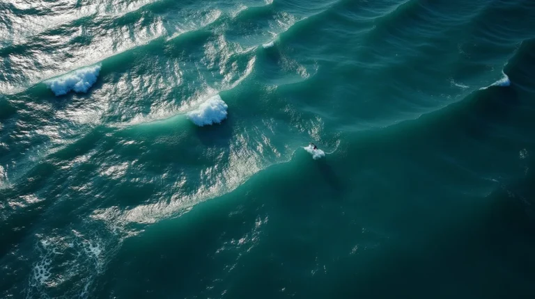 Wind-driven Aegean water from above, short steep waves with breaking white crests