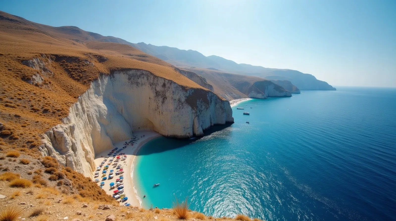A parched Greek hillside falling into deep blue sea under hard midday sun
