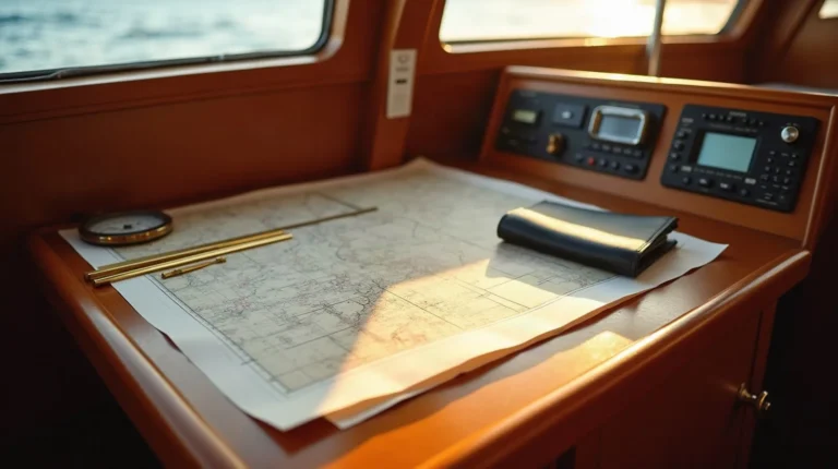 The chart table of a sailing yacht with a paper chart, dividers and a document wallet
