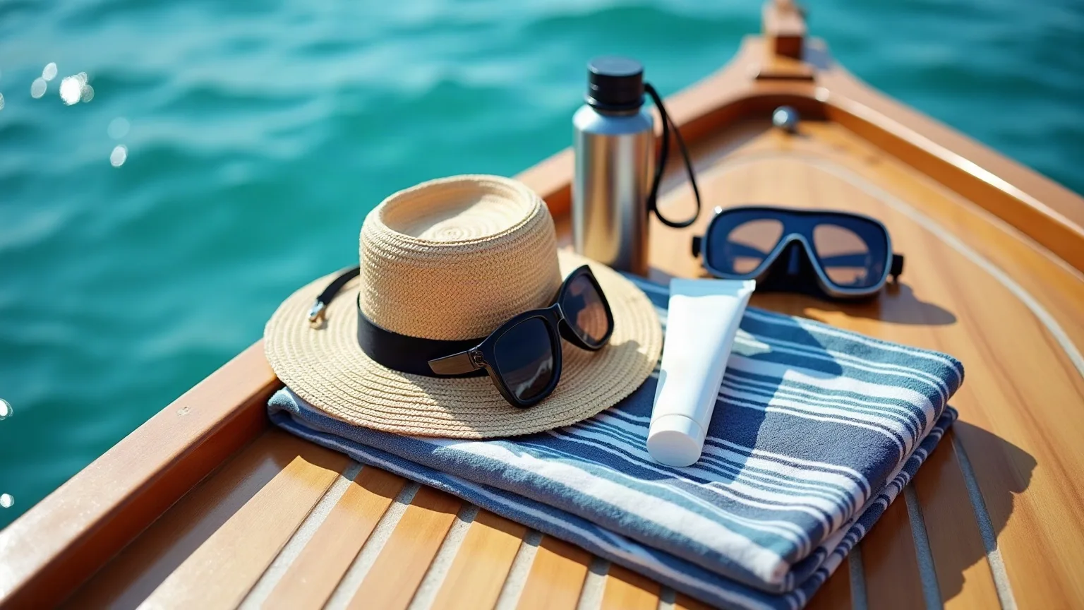 Straw hat, sunglasses, sunscreen, water bottle and snorkel mask on a teak boat deck