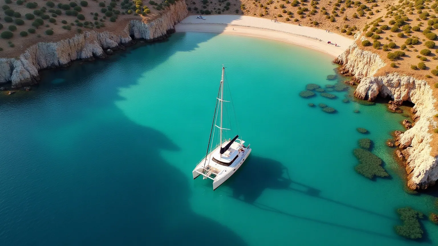 Sailing catamaran anchored in a quiet Greek bay in late afternoon light