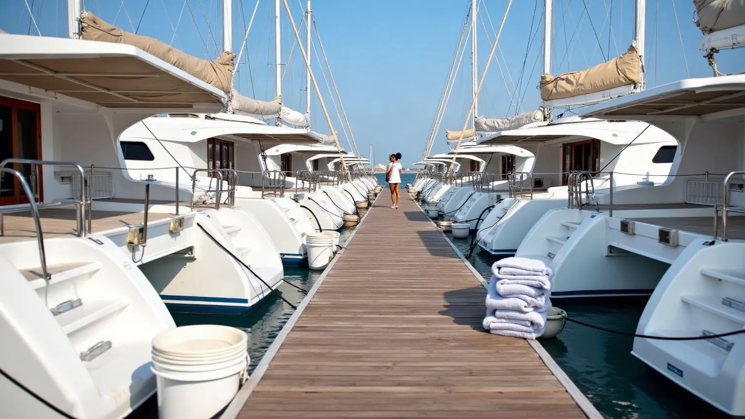 Charter catamarans moored along a pontoon on turnaround day, ready for the next guests
