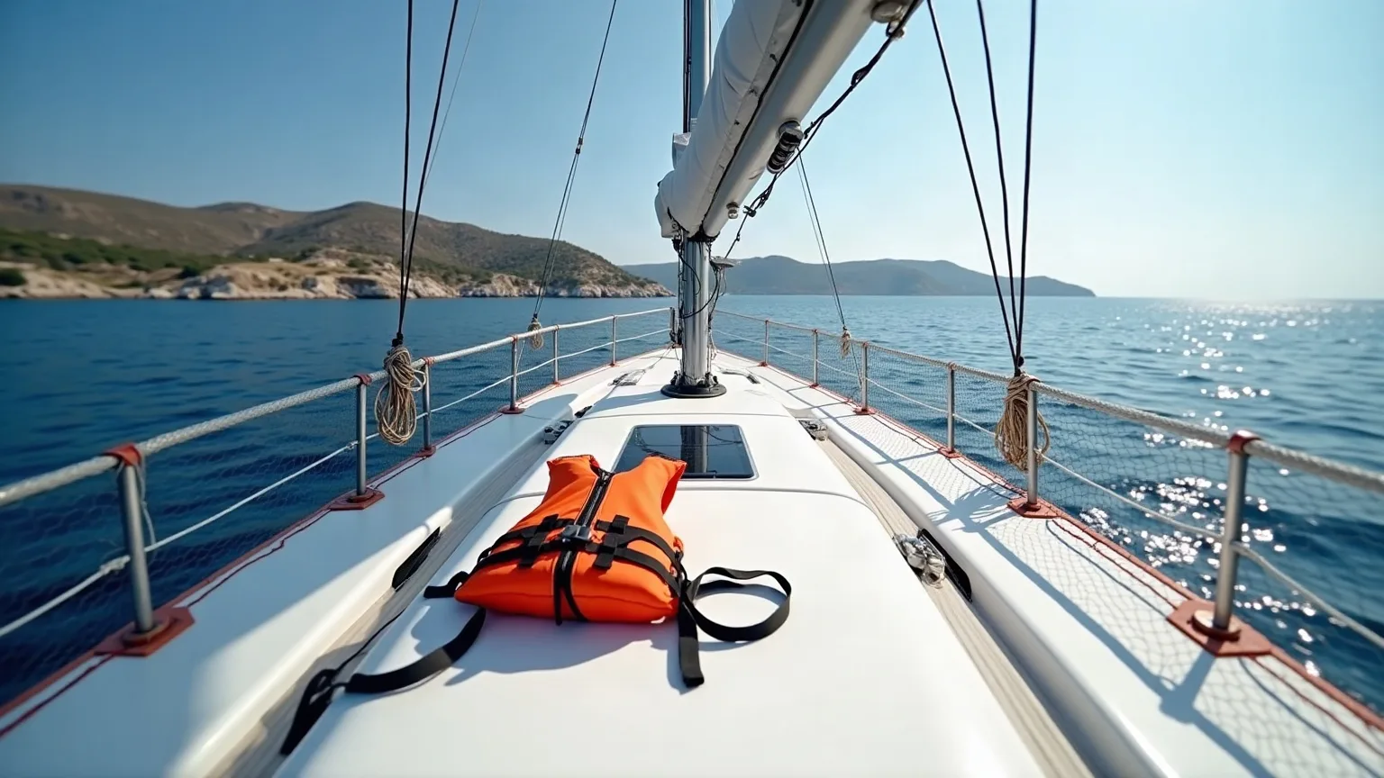 A child-size lifejacket with crotch strap on the deck of a yacht, with lifelines and netting