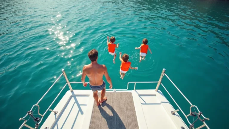Three children in orange life jackets jumping off a catamaran's swim platform, a parent watching