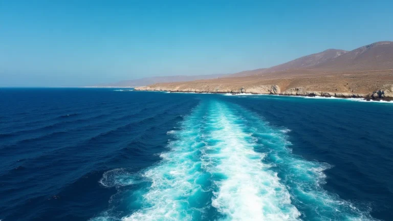 Choppy deep blue water along a dry Cycladic coast on a windy, cloudless summer day