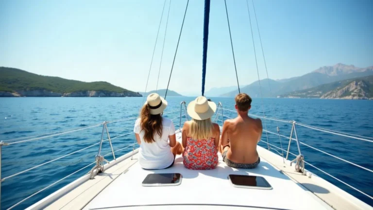 Three friends on the foredeck of a sailing yacht on a first charter, seen from behind