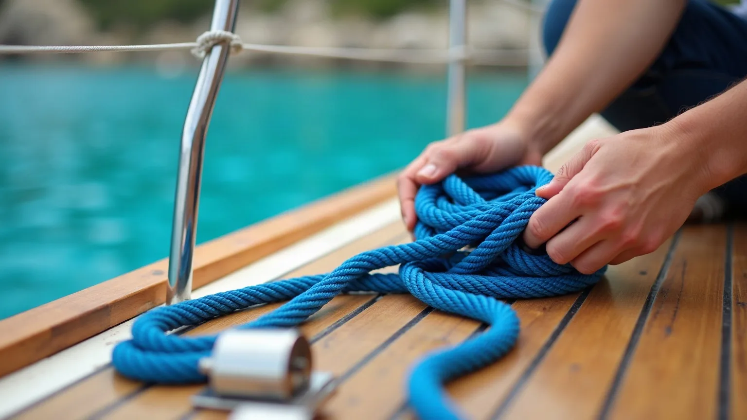 An owner coiling a blue mooring line on the teak deck of a sailing yacht