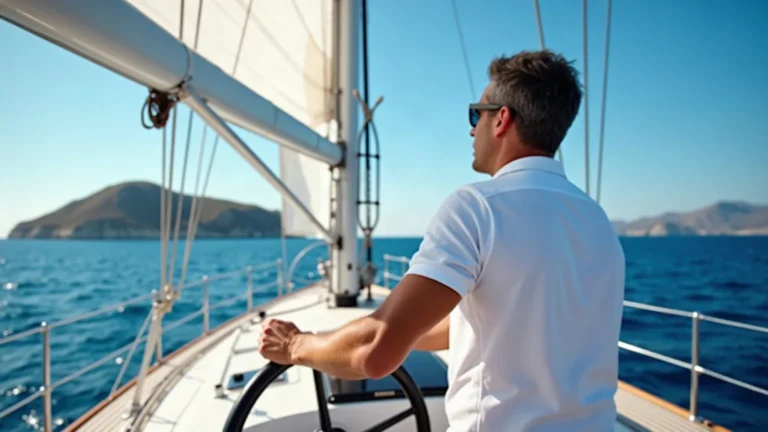 A professional skipper at the wheel of a sailing yacht under full sail, with a Greek island ahead