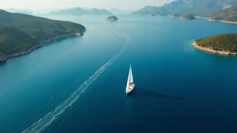 A sailing yacht crossing a calm channel between green islands, one leg of a week afloat