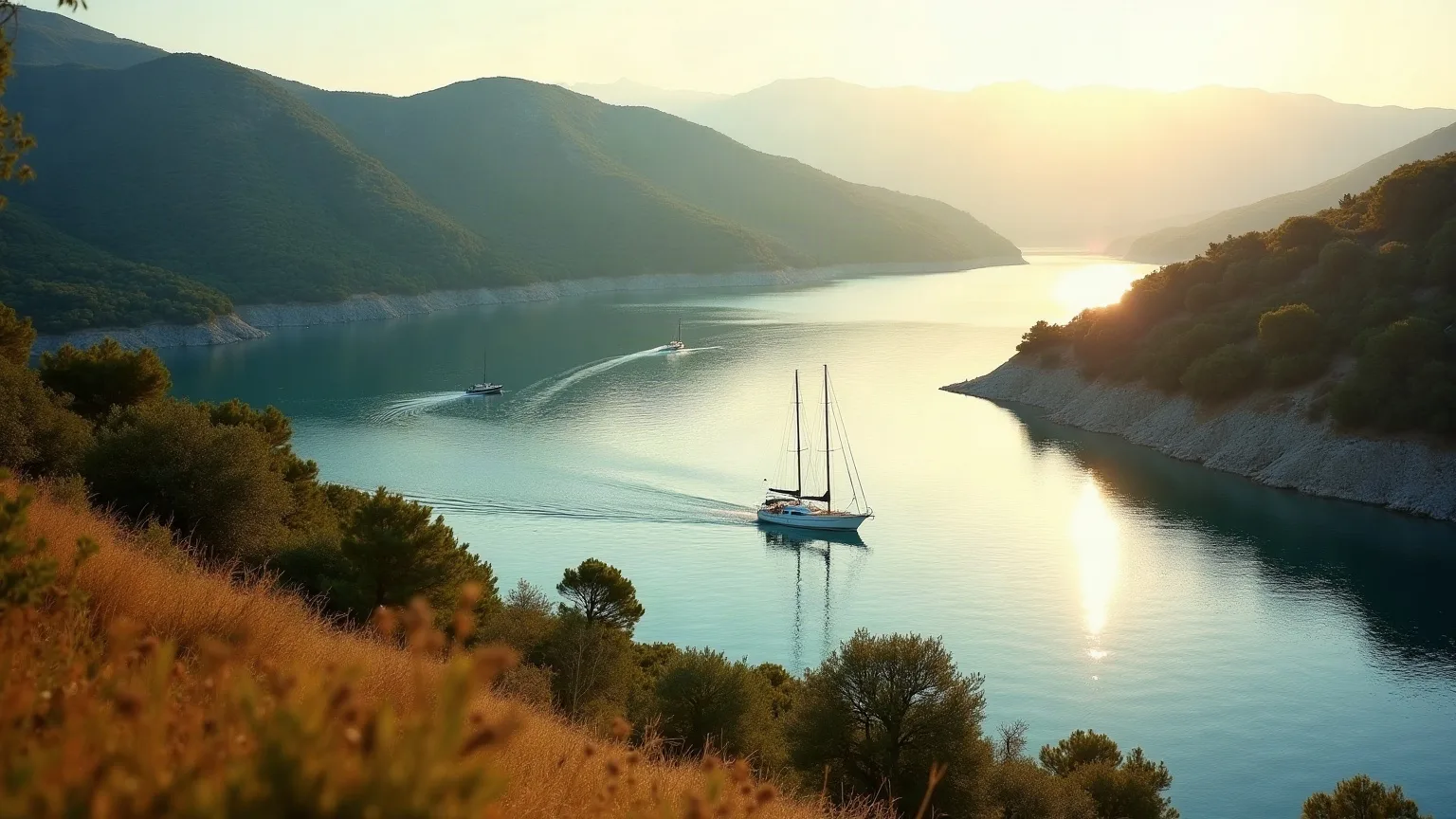 A sailing yacht motoring out of a calm green anchorage on a still early morning