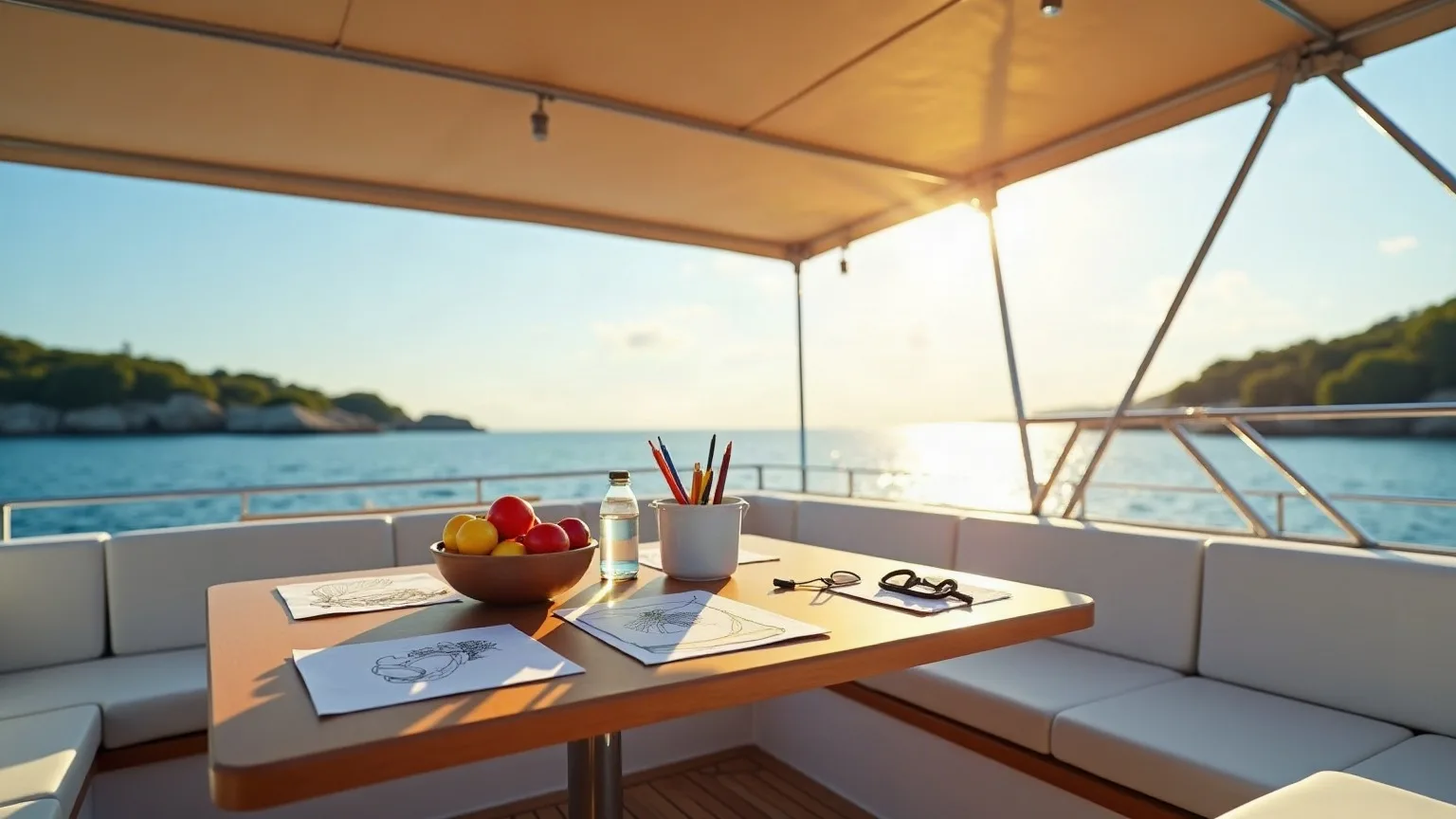A shaded yacht cockpit at anchor with fruit, water, colouring sheets and snorkel masks