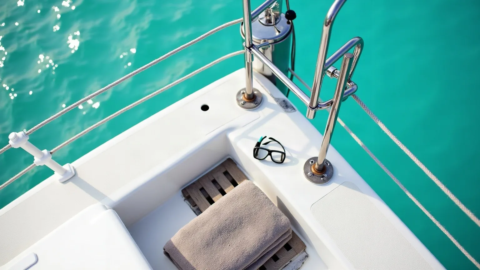 A folded towel and a snorkel mask on a yacht deck above clear turquoise water