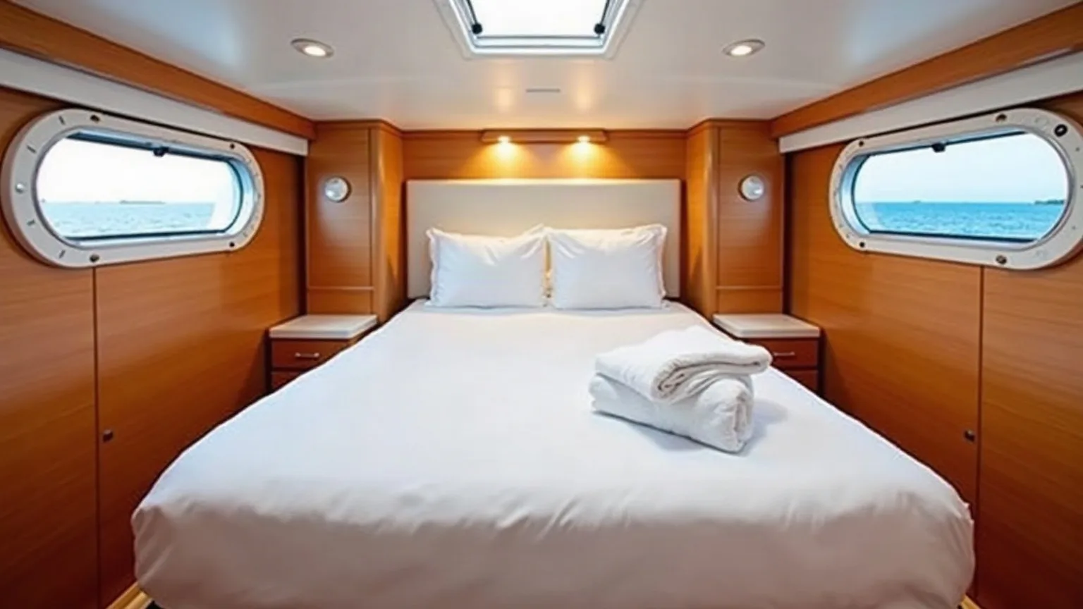 A guest cabin on a yacht with a made double bed, folded towels and portholes looking out to sea
